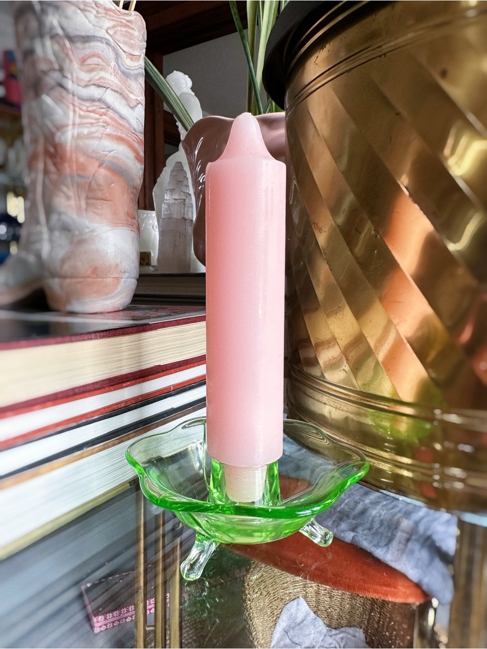 Vintage 1930s Uranium Glass Fostoria Footed Candleholders - Fairfax Pattern